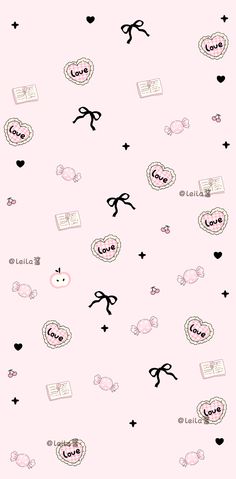 a pink wallpaper with black and white designs on it's sides, including the word love