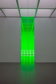 an empty room with a green door in the middle