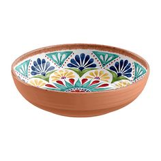 an orange bowl with colorful designs on it