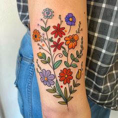 Bold Wildflower Tattoo Flash Set Small Embroidery Tattoo, Wildflower Traditional Tattoo, Embroidery Flower Tattoo, Traditional Strawberry Tattoo, Dopamine Tattoo, Vibrant Tattoos, Flower Vine Tattoos, Memorial Tattoo Designs, Shoulder Cap Tattoo