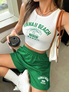 Green Casual Collar   Colorblock,Letter  Embellished Medium Stretch Summer Women Clothing 90s Athletic Outfits, Summer Outfits Sporty, Green Shorts Outfit, Sporty Summer Outfits, Casual Sporty Outfits, Cute Outfits With Shorts, Classy Summer Outfits, Outfits Mit Shorts, Shorts Outfits Women