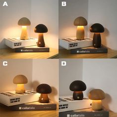 four different views of mushrooms on top of books with light coming from one mushroom lamp