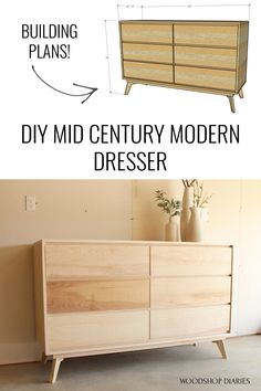 an old dresser is transformed into a mid century modern dresser with woodgrain details