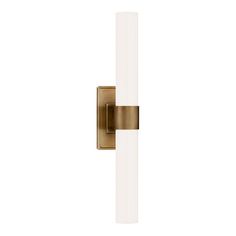 an image of a modern wall light with white glass and gold trims on it