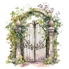 watercolor painting of an iron gate with vines and flowers on the top, surrounded by greenery