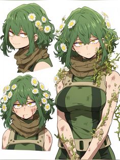 an anime character with green hair and flowers on her head, wearing a scarf around her neck