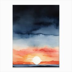 the sun is setting over an ocean with dark clouds and watercolors on it