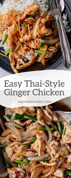 an easy thai style ginger chicken with rice and green onions on a black platter