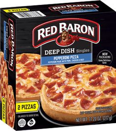 a box of red baron deep dish pizza with pineapple and cheddar toppings