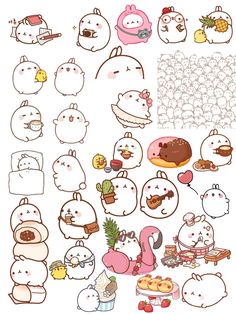 an assortment of cartoon character stickers on a white background, including various animals and food items