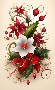 christmas flowers with red and white ribbons