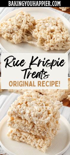 rice krispy treats are stacked on top of each other with the words rice krispie treats