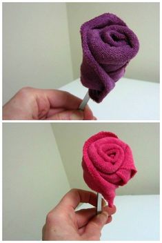 two pictures showing how to make a towel flower