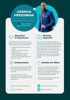 Financial Consultant Bio Template  Visme Dream Company, Financial Consultant, Facebook Ad Template, Project Manager Resume, Case Study Template, Youtube Channel Art, Manager Resume