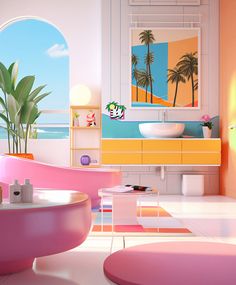 the bathroom is decorated in pastel colors and has palm trees on the wall behind the bathtub