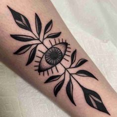 a black and white tattoo with an eye on it