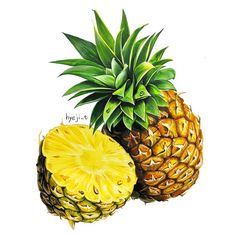 two pineapples with one cut in half and the other on top of it