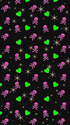 neon skulls and hearts on a black background with stars, snowflakes and sparkles