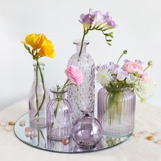 Purple Glass Bud Vases Small Lilac Vase Set Lavender Dried Flower Vase Transparent Geometric Vase for Flowers Violet Vase Decor - Etsy Colored Glass Vases Centerpieces, Purple Vases Decor, Purple Bud Vases, Purple Decorations Party, Lilac Vase, Small Flower Centerpieces, Lilac Purple Wedding, Purple Table Decorations, Wedding Table Decorations Purple