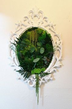 there is a mirror that has plants in it