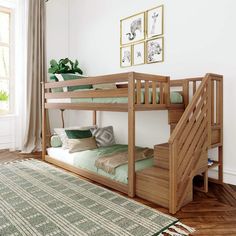 a wooden bunk bed sitting on top of a hard wood floor next to a green rug