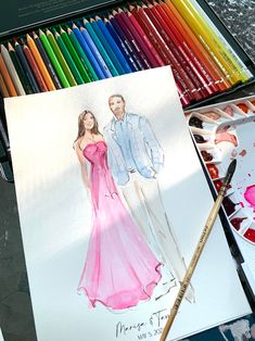 an artist's drawing of a man and woman standing next to colored crayons