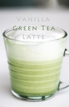 vanilla green tea latte in a glass mug