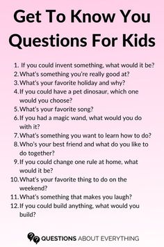 a pink poster with the words get to know you questions for kids