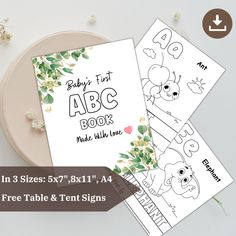 three baby's first abc book printables with free table and tent signs