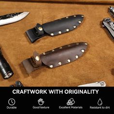 several different types of knives on display with the words craftwork with originiality