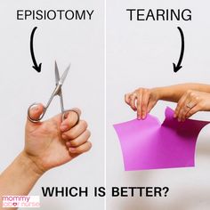 two images showing scissors cutting paper with the words episotomy and tearing which is better?