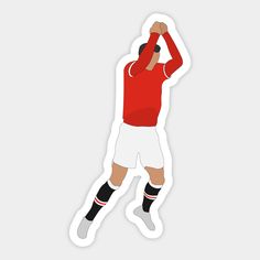 a sticker depicting a soccer player with his arms up in the air, and one hand on his head