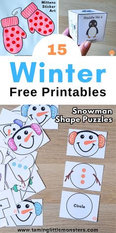 snowman shape puzzles with the text 15 winter free printables