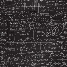 a blackboard with many calculations on it, including the formulas and diagrams for different functions