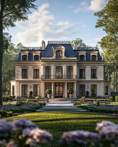 a large white house surrounded by trees and flowers