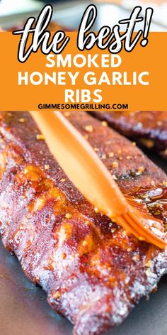 honey garlic traeger ribs on a grill with text overlay