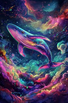 a painting of a whale floating in the air with colorful clouds and stars around it