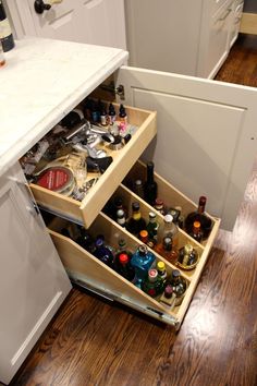 #Ad 24 Impressive home bar Guides To Steal #kitchen Small Dry Bar Nook, Bar Drawers Cabinets, Pull Out Liquor Cabinet, Liquor Cabinet Built In Bar Ideas, Bar Cabinet Drawer Ideas, Pull Out Liquor Drawer, Built In Bars For Home, Alcohol Organization Ideas