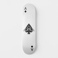 a white skateboard with an ace playing card on the front and back sides, against a white background