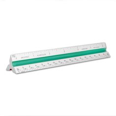 a green and white ruler on a white background