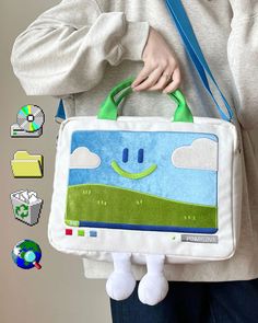 Windows XP Aesthetic Embroidery Laptop Handbag | Boogzel Clothing Colorful Crossbody Bag, Cute Laptop Bag, Windows Xp Aesthetic, Weird Bags, Reusable Bags Design, Bliss Wallpaper, Aesthetic Embroidery, Cool Stuff To Buy, Funky Purses