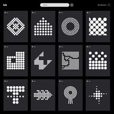 several different types of dots and arrows on a black background, all in various sizes