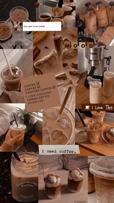 there are many different pictures of coffees on the table