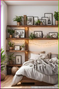 a bed sitting in a bedroom with lots of plants on top of the headboard