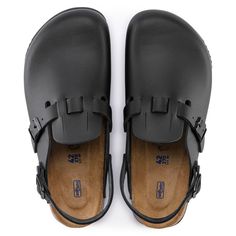 Kay SL Natural Leather Black Clogs With Buckle Closure For Workwear, Black Workwear Clogs With Buckle Closure, Functional Closed Toe Clogs With Removable Insole, Black Leather Waterproof Sandals, Waterproof Leather Closed Toe Clogs, Slingback Black Clogs With Buckle Closure, Black Slingback Clogs With Buckle Closure, Leather Slip-resistant Clogs For Outdoor, Black Birkenstock