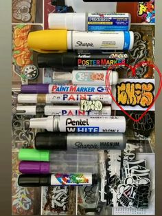 many different types of pens and markers are arranged on top of each other in this collage