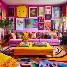 a brightly colored living room with pictures on the wall