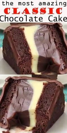 two pictures of the same chocolate cake with white frosting on top and one has been cut in half