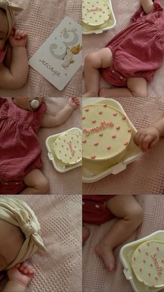 a collage of photos shows a baby laying next to a cake