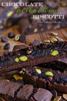 chocolate pistachio biscotti is cut in half